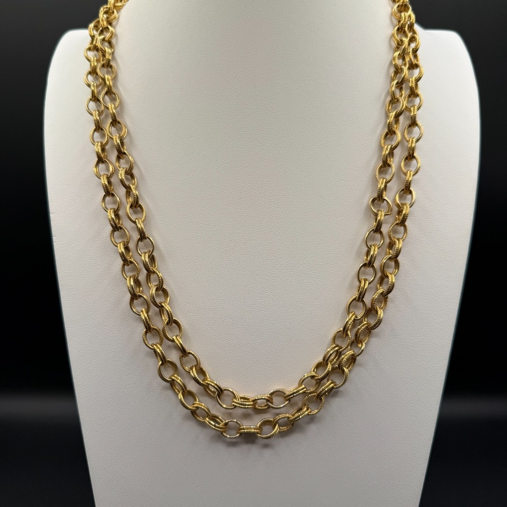 Gold Tone Double Strand Textured Oval Link Chain Necklace Layering Statement